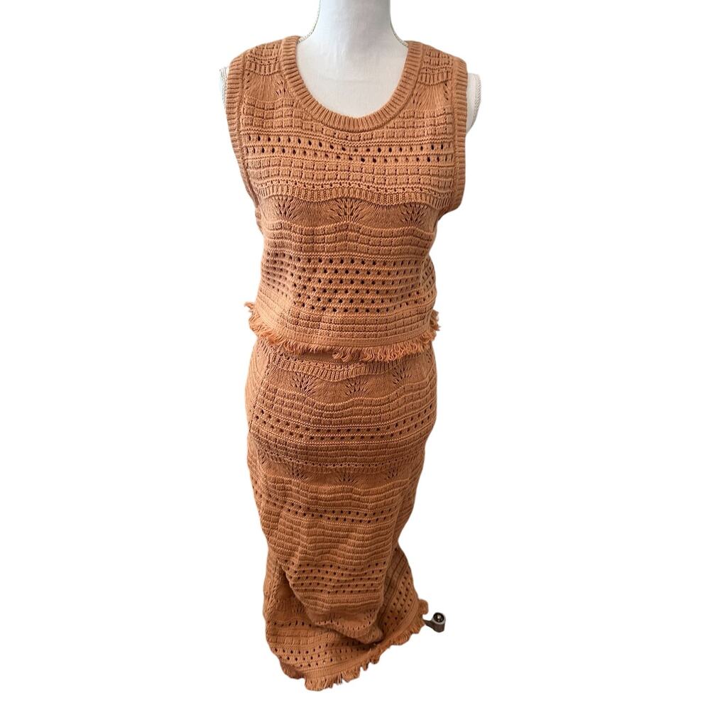 House of Harlow 1960 Revolve Crochet Knit Sweater Skirt Set Latte M
